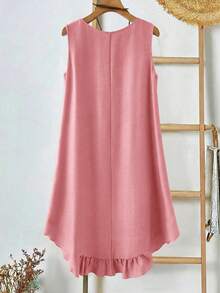 Rusticease Vestido casual de verano de talla grande, unicolor, cuello redondo, bolsillo, sin mangas - Rosa - Ver 2