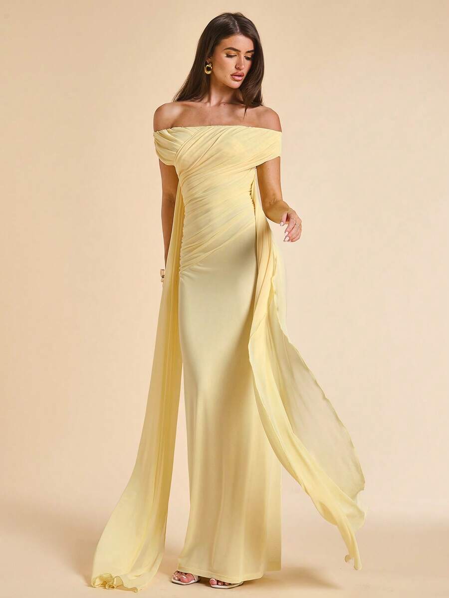 SHEIN BAE Summer Elegant Romantic Pale Yellow Ruched Dress,Tropical Cocktail Party Dinner Style,Ideal For Beach Vacations,Parties,Music Festivals,Nightclubs - Light Yellow - View 1