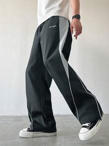 Manfinity EMRG Men's Casual Color Block Drawstring Straight Leg Pants, Loose Fit Long Black Patchwork Straight Leg Sweatpants For Outdoor - smoke gray - View 5