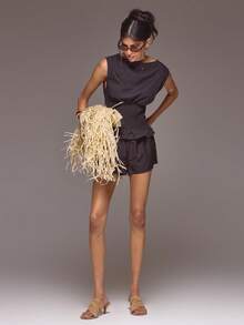 Slash Neckline Cap Sleeve Cinched Waist Top Low Rise Micro Mini Short Co-Ord Set Spring Summer Holiday Vacation Ibiza Roja De Sol - Black - View 5