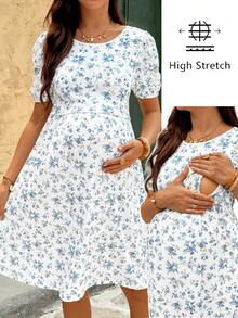 SHEIN Ditsy Floral Round Neck Short Petal Sleeve Nursing Dress For Pregnant Women - Blue and White - View 11