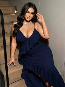 NU&NOW Plus Size Spaghetti Strap High Slit Ruffle Hem Red Party Dress - Navy Blue - View 5