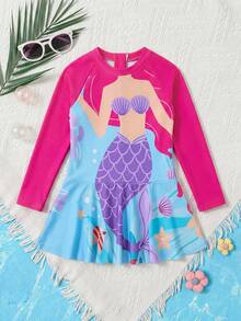 SHEIN Young Girl Mermaid Print Raglan Long Sleeve One-Piece Swimsuit - Multicolor - View 5