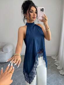 SHEIN Elenzya 女士蕾丝拼接露背休闲百搭日常衬衫 - 藍色 - 查看 6