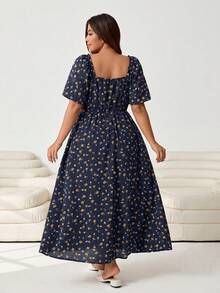 Solflare Plus Size Women's Floral Print Tie-Front Dress, Vacation Style - Navy Blue - View 2