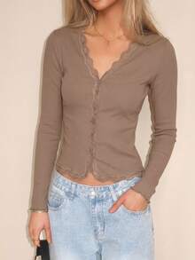 Sydney Algeri Women's Lace Frill Trim Fitted Cardigan Long Sleeve Top Casual - Khaki - View 3