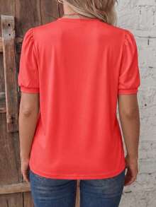 EMERY ROSE Casual Retro Basic Bubble Short Sleeve Crew Neck Neon Red Basic Plus Size T-Shirt - Red - View 2