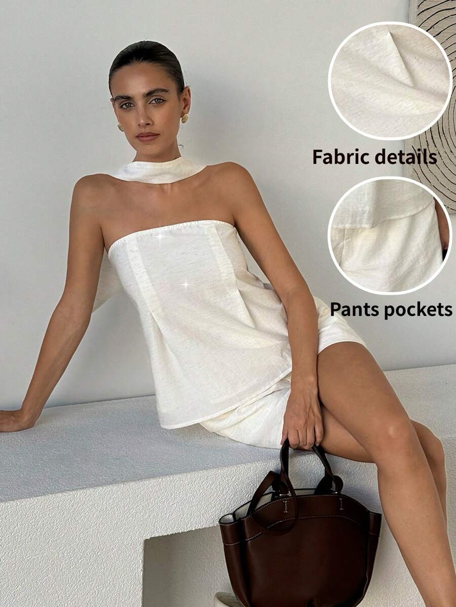Lavishia Bộ đồ nữ gồm áo quây xếp ly và quần short có túi, thích hợp cho kỳ nghỉ. - Màu be - Xem 1