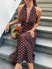 Serisse Women's Deep V-Neck Polka Dot Print Fashionable Halter Dress - Brown - View 3