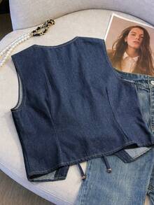 GlowEve Women's Front Tie Casual Versatile Denim Vest - Dark Wash - View 2
