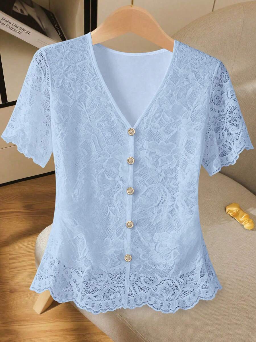 GlowEve Women's V-Neck Lace Trim Blouse - Baby Blue - View 1