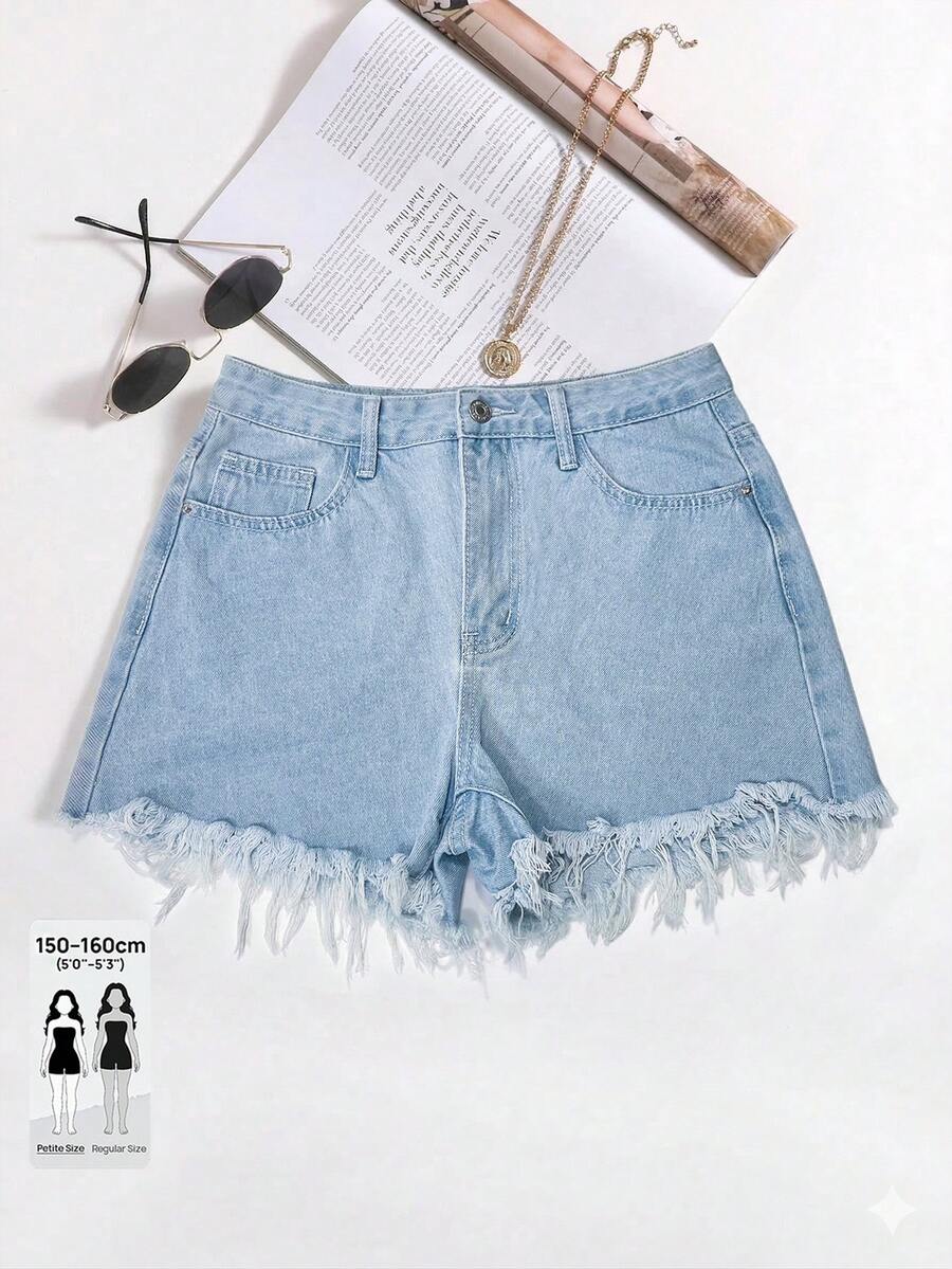 SHEIN PETITE Damen Hellblaue Denim Shorts mit ausgefranstem Saum, Sommer, Petite Frauen - Helle Waschung - Übersicht 1