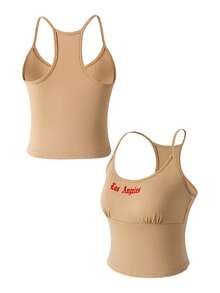 Rest Era 1 chiếc áo hai dây nữ màu kaki in chữ - Màu Khaki - Xem 3