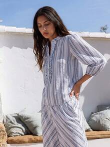 Nöista Striped Two Pieces Set With Ruffle-Front Blouse And Puff Sleeves Matching Balloon Pants Elastic Hems.Perfect For Summer Days, Office Casual, Travel. - Blue - View 4