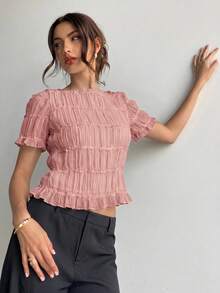 Aloruh Women's Elegant Chiffon Lace Patchwork Apricot Blouse - Dusty Pink - View 4