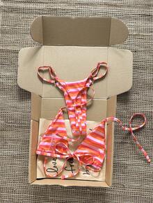 Swim Mod 2026 Spring/Summer Spaghetti Strap Orange & Pink Striped Amber Rhombus Decor Side High-Cut Bikini Two Pieces Swimwear For Women - Multicolor - View 2