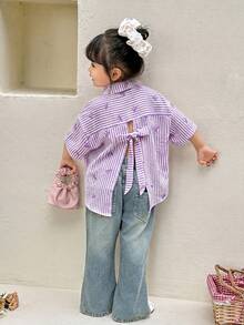 Young Girl Casual Comfortable Striped Collar Open Front Loose Short Sleeve Hollow Back Woven Shirt - Purple - View 4