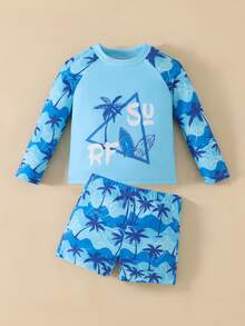 SHEIN Infant/Toddler Boys' Tropical Holiday Style Print 2-Piece Set - Short Sleeve Top + Shorts, Suitable For Vacation And Pool Play - Blue - View 3