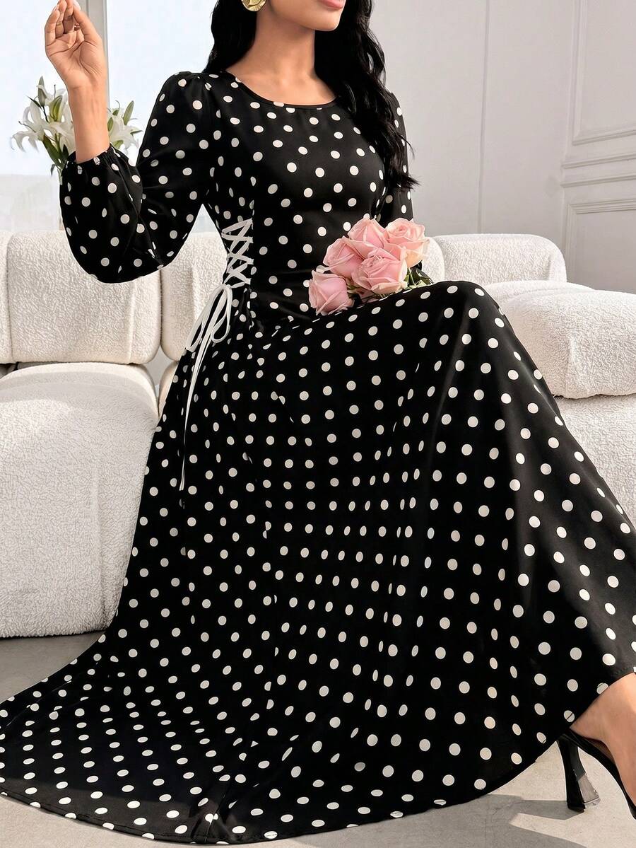Modelyn Round Neck Lantern Sleeve Side Drawstring Dual-Color Print Dress - Black - View 1