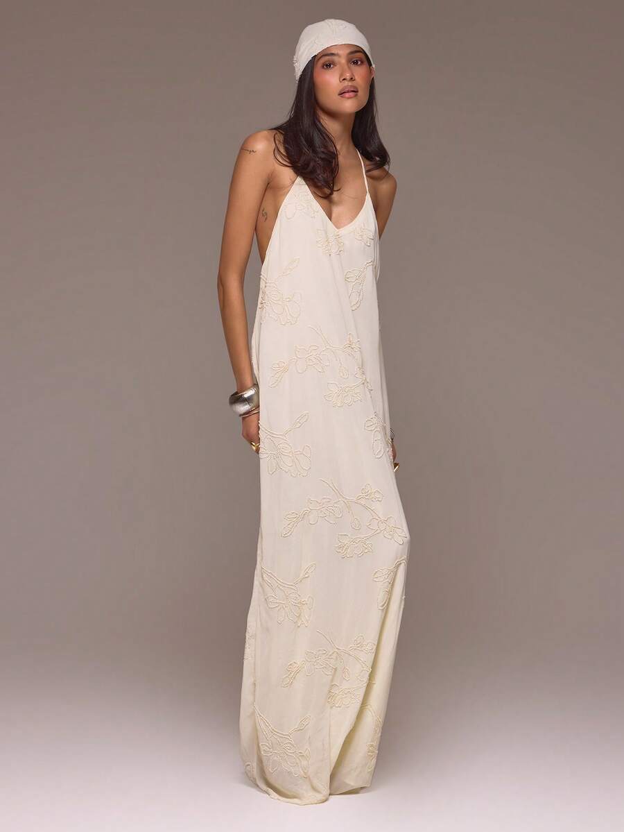 MUSERA Đầm maxi hở lưng, cổ khoét sâu, đính kết cầu kỳ, thích hợp cho kỳ nghỉ xuân hè ở Ibiza (Roja De Sol). - Màu be - Xem 1