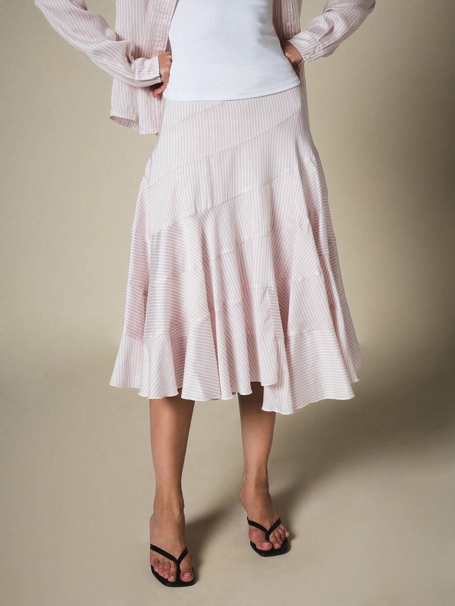 KSTM Striped Asymmetrical Midi Tiered Ruffle Skirt With High Waist Flowy Feminine Spring Summer Style - Multicolor - View 1