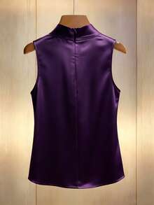 SHEIN LUNE 女士法式优雅缎面镂空褶皱领无袖衬衫 - 紫色 - 查看 2
