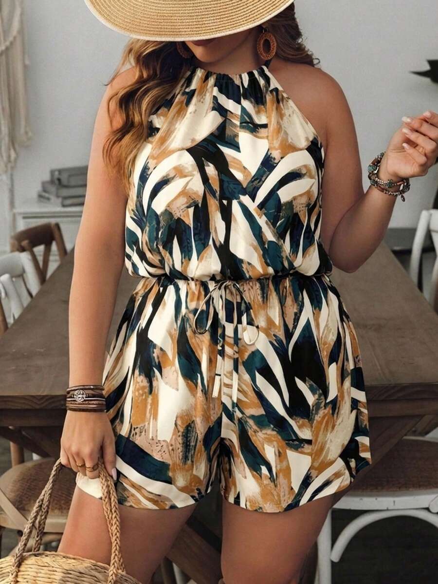 SHEIN VCAY Plus Size Vintage Print Pattern Jumpsuit, Casual Holiday - Multicolor - View 1
