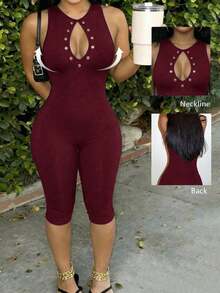 Slaydiva Summer Burgundy Casual Bandage Slim Fit Eyelet Cutout Sleeveless Capri Jumpsuit For Women Gym Cow Boy Street Style Music Festivals Club Night Parties - Burgundy - View 1