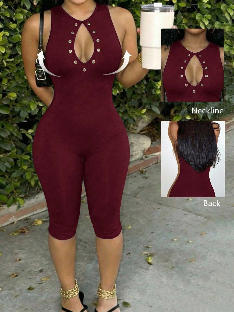 Slaydiva Summer Burgundy Casual Bandage Slim Fit Eyelet Cutout Sleeveless Capri Jumpsuit For Women Gym Cow Boy Street Style Music Festivals Club Night Parties - Burgundy - View 1