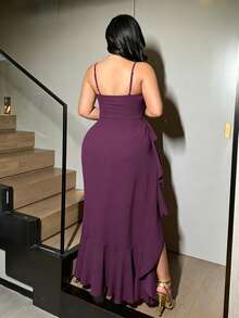 NU&NOW Plus Size Women Solid Color Spaghetti Strap High Slit Ruffle Hem Party Dress - Purple - View 7