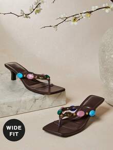 SHUZIA Women's Fashion Square Toe High Heel Thong Sandals - Coffee Brown - View 6