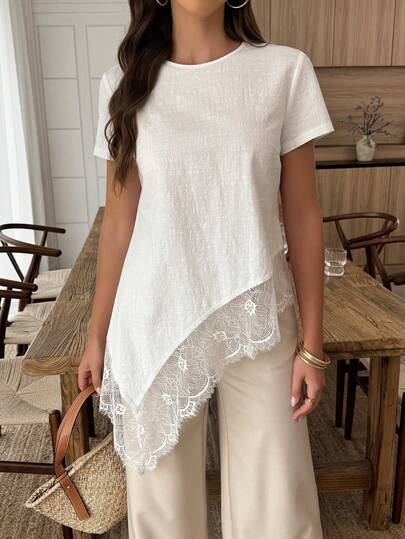 Louniche White Cotton Short Sleeve Crew Neck Top With Asymmetrical Hem & Lace Splicing, Casual Vacation Fashion Streetwear & Office Work Top For Spring Summer