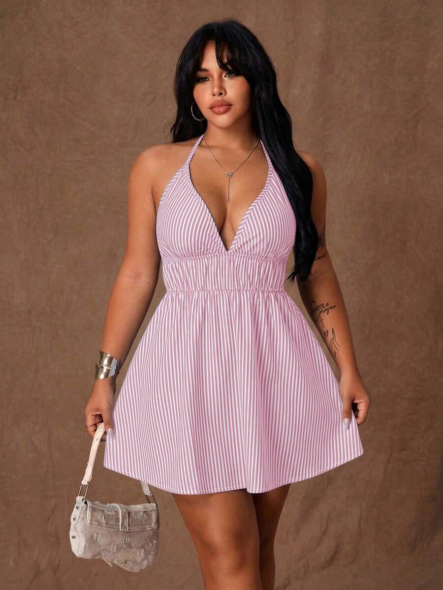 Rustia Plus Size Women Striped Halter Neck Ruched Casual Date Party Dress - Pink - View 1