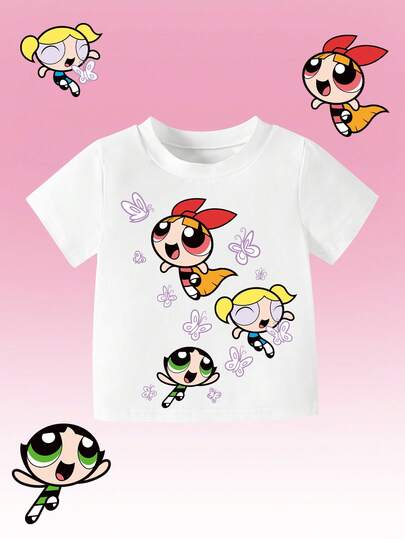THE POWERPUFF GIRLS X SHEIN GraphicGems Baby Girl Casual Fashionable Floral & Letter Graphic Print Short Sleeve T-Shirts, "Mommy And Me" Matching