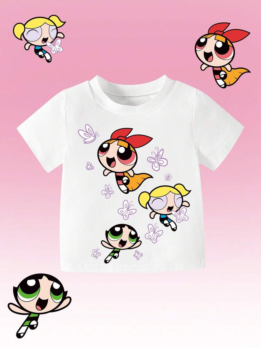 THE POWERPUFF GIRLS X SHEIN GraphicGems Áo thun ngắn tay cổ tròn họa tiết hoạt hình dễ thương cho bé gái, thích hợp mặc mùa hè. - Nhiều màu - Xem 1
