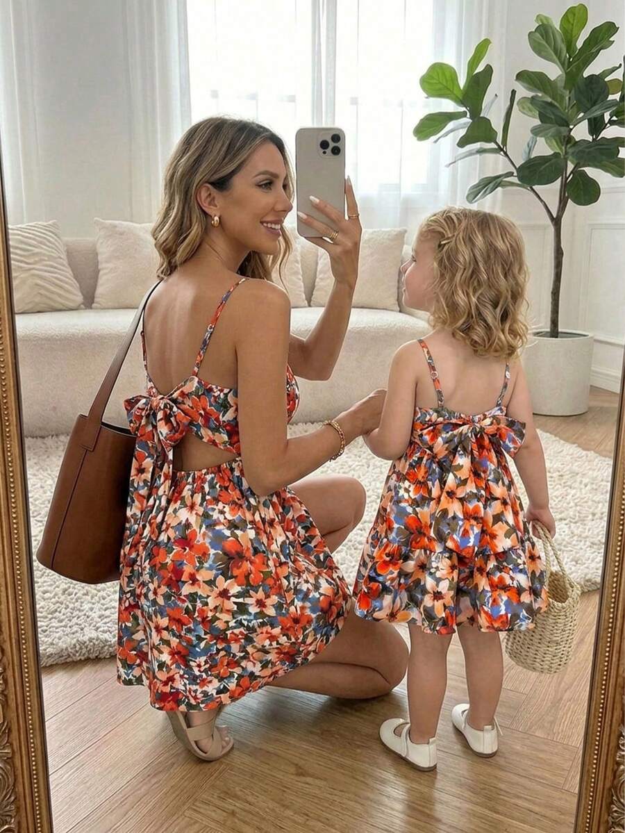 SHEIN Váy hai dây in hoa dễ thương cho bé gái, thích hợp mặc đi nghỉ mát mùa hè. - Đỏ - Xem 1