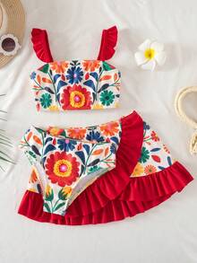 SHEIN Bộ đồ bơi in hoa cho bé gái gồm áo khoác ngoài và váy, thích hợp cho kỳ nghỉ biển. - Nhiều màu - Xem 3