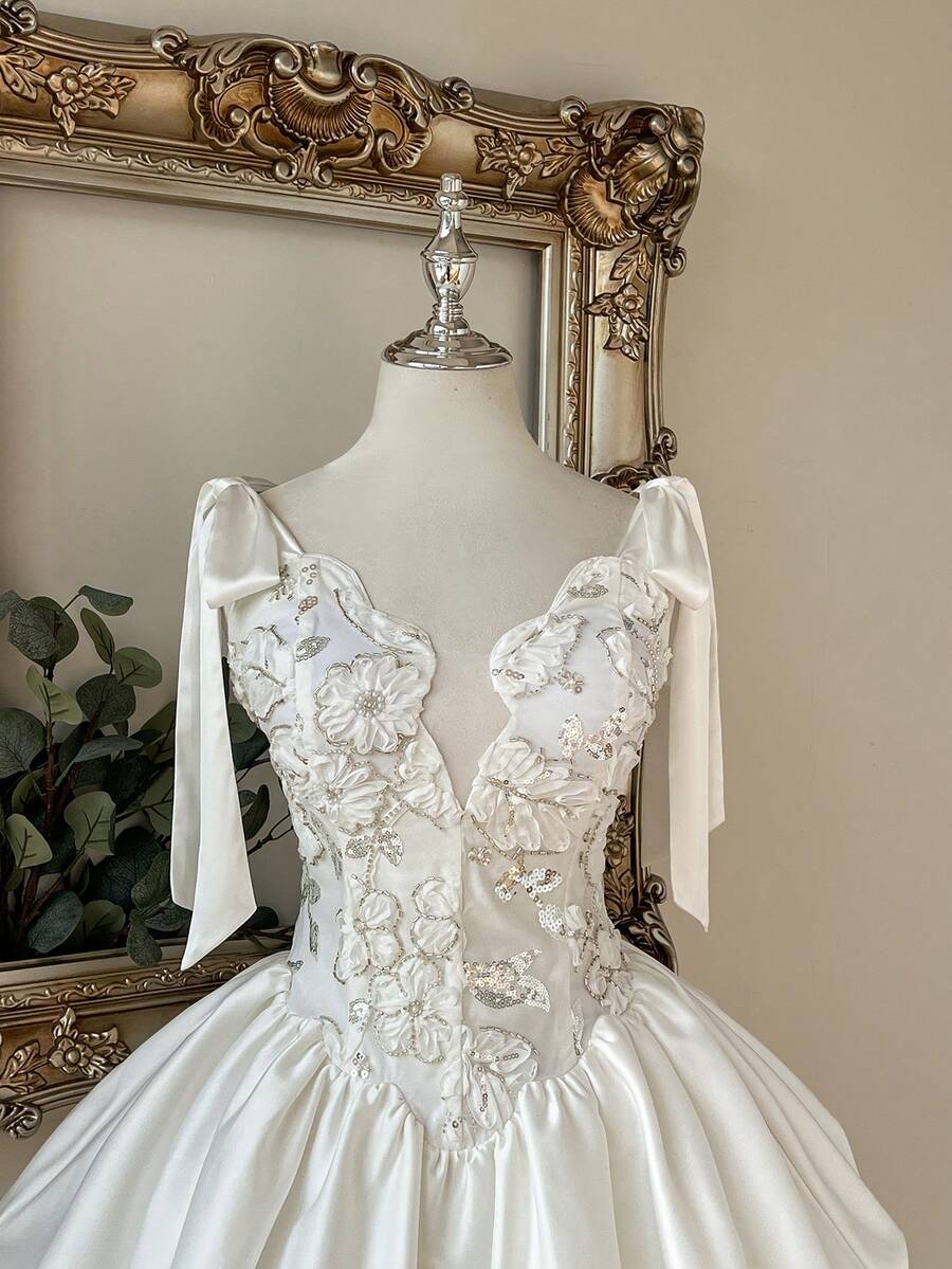 Lovelzi Elegant White Summer Bachelorette Party Formal Wedding Guest Midi Dress Heavily Beaded Embroidered Satin Patchwork Spaghetti Strap Floral - White - View 1