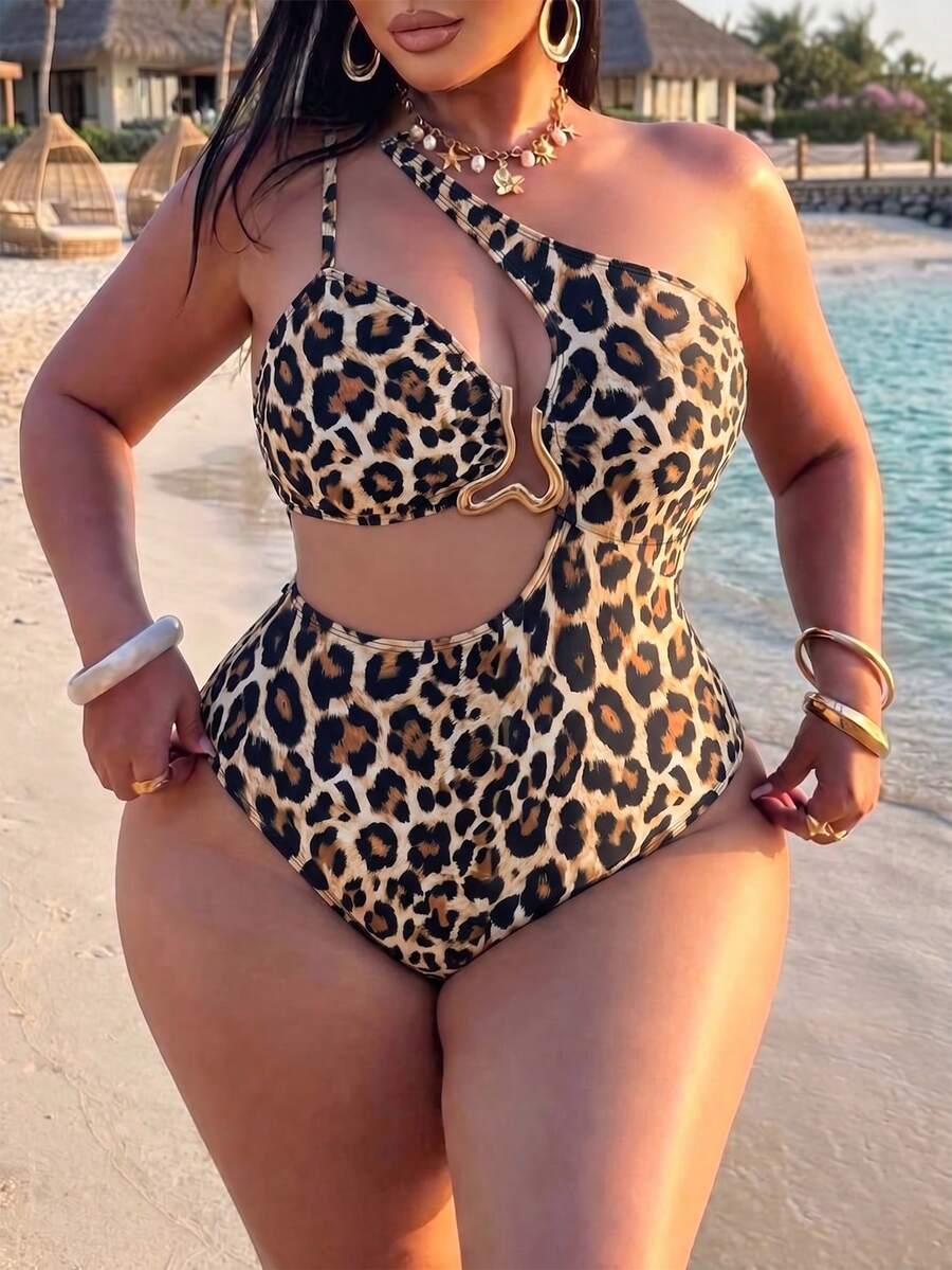 SHEIN Swim 大尺碼女款連身泳衣,斑馬紋不對稱腰部鏤空設計搭配粉色豹紋扣環,夏季海灘度假希臘女神性感風 - 彩色 - 查看 1
