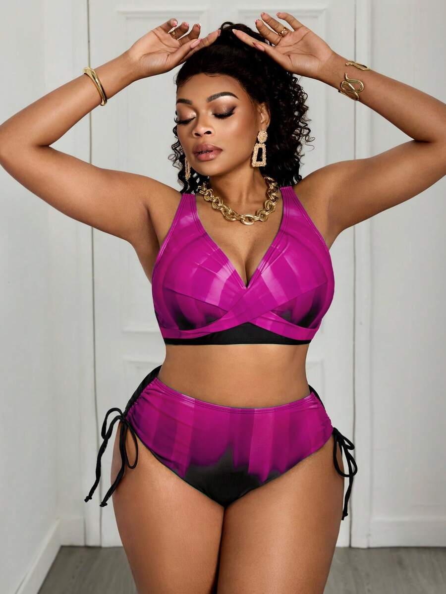 Slaydiva Plus Size Women 2pcs Printed Thick Strap Sexy Beach Vacation Vacation Bikini Swimwear Summer - Multicolor - View 1