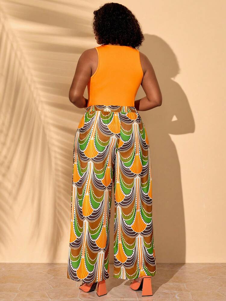 Plus Size Women Summer Beach Vacation Style Camisole And Wide Leg Printed Pants 2 Pieces Set