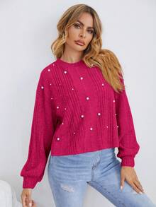 Easowa Pearls Detail Rib Knit Tee,Casual - Hot Pink - View 4