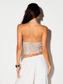 KIZN Snakeskin Print Bustier Corset Tank Top With Zip Front And Halter Neck Style - Brown - View 2