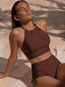 Swim Chiccia Women's Two Pieces Solid Color Slimming Tankini Bikini Set Set With Side Drawstring, Suitable For Beach, Resort, Casual Party - Coffee Brown - View 1