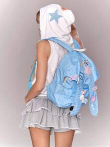 ROMWE Anime 1Pc Blue Y2K Pentagram Retro Polka Dot Star Note Cross Bone Striped Polka Dot Button Decoration Fashionable Women's Backpack, Mass-Produced Water Type Rabbit Ears Z Era Large-Capacity Flip Backpack, Suitable For College, Commuting, School Season (Including Accessories) - Blue - View 2