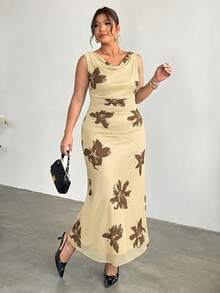 Firerie Vestido de vacaciones con estampado floral elegante, sin mangas, ajustado y con dobladillo de sirena para mujer de talla grande - Albaricoque - Ver 4
