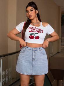 SHEIN ICON 大码夏季休闲水洗猫须开衩口袋直筒牛仔裙 - 藍色 - 查看 6