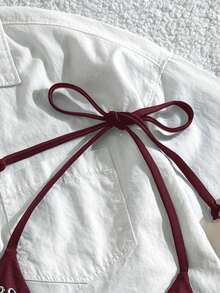Swim Basics Women's Solid Color Halter Tie Keyhole Decor Bikini Top, Suitable For Summer Vacation & Beach - Burgundy - View 4