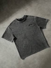 Manfinity Men's T-Shirt With Dark Letter Print On Washed Fabric, INS Street Style, Suitable For Music Festivals, Clubs, Gift For Boyfriend/Husband, Anniversary Gift. Unisex Washed T-Shirt. Y2K Style, Fashionable Style, Cute Style, Casual Style, Women's Blouses > Clothing. 230g (Sizes S-XXXL) - 6 - 查看 3