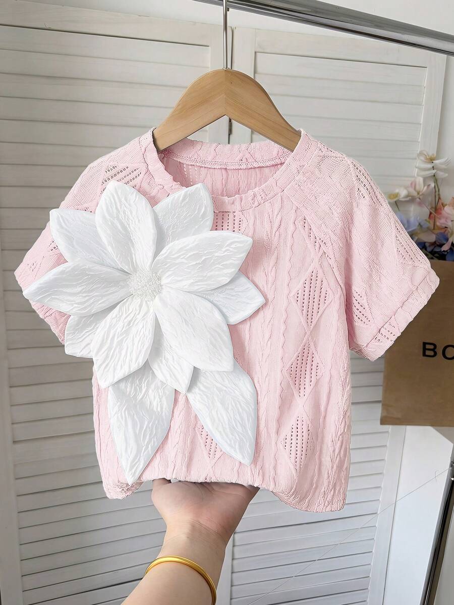 SHEIN 少女休閒優雅水鑽裝飾3D花朵飾圓領插肩袖紋理針織寬鬆T恤 - 淺粉色 - 查看 1